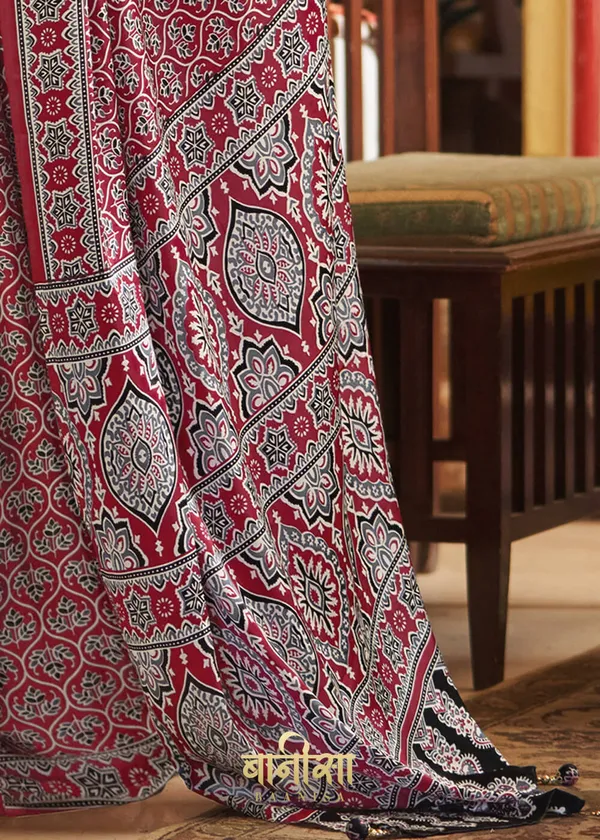 Multicolour_Ajrakh_Printed_Satin_Crepe_Saree