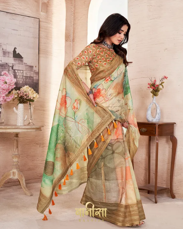 Multicolour_Floral_Chanderi_Cotton_Katha_&_Sequence_Work_Printed_Saree_With_Matched_Unsttiched_Blouse
