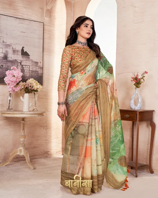 Multicolour_Floral_Chanderi_Cotton_Katha_&_Sequence_Work_Printed_Saree_With_Matched_Unsttiched_Blouse