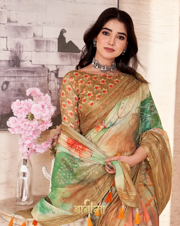 Multicolour_Floral_Chanderi_Cotton_Katha_&_Sequence_Work_Printed_Saree_With_Matched_Unsttiched_Blouse