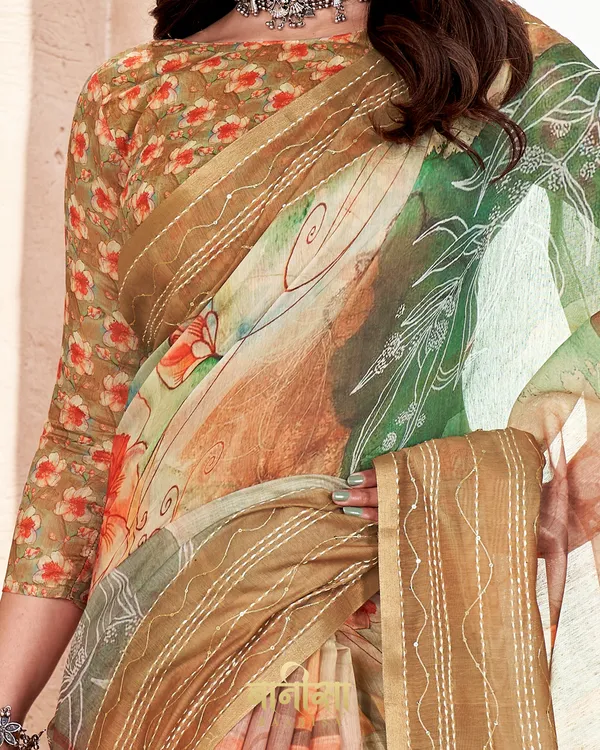 Multicolour_Floral_Chanderi_Cotton_Katha_&_Sequence_Work_Printed_Saree_With_Matched_Unsttiched_Blouse