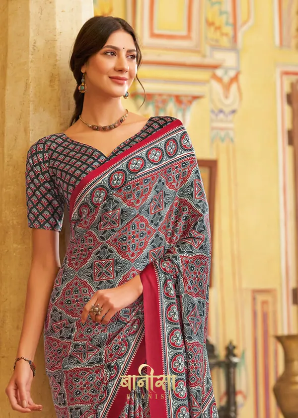 Grey_Ajrakh_Printed_Satin_Crepe_Saree