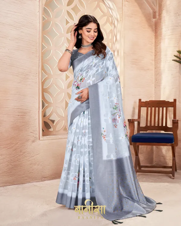 GREY_LUCKNOWI_JACQUARD_WEAVING_SAREE_WITH_MATCHED_UNSTTICHED_BLOUSE