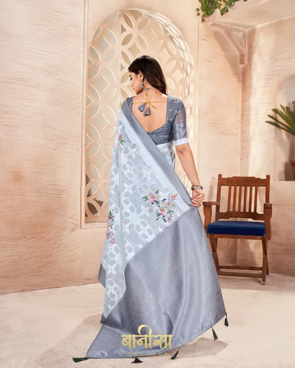 GREY_LUCKNOWI_JACQUARD_WEAVING_SAREE_WITH_MATCHED_UNSTTICHED_BLOUSE