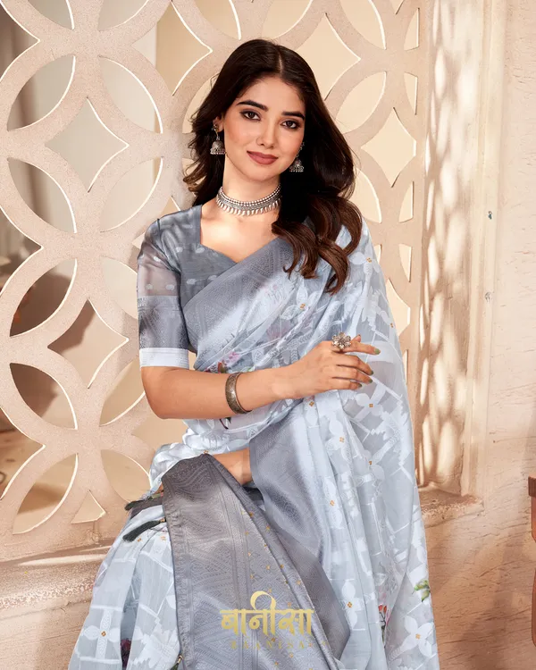 GREY_LUCKNOWI_JACQUARD_WEAVING_SAREE_WITH_MATCHED_UNSTTICHED_BLOUSE