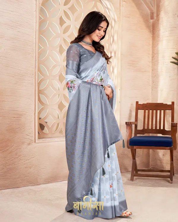 GREY_LUCKNOWI_JACQUARD_WEAVING_SAREE_WITH_MATCHED_UNSTTICHED_BLOUSE
