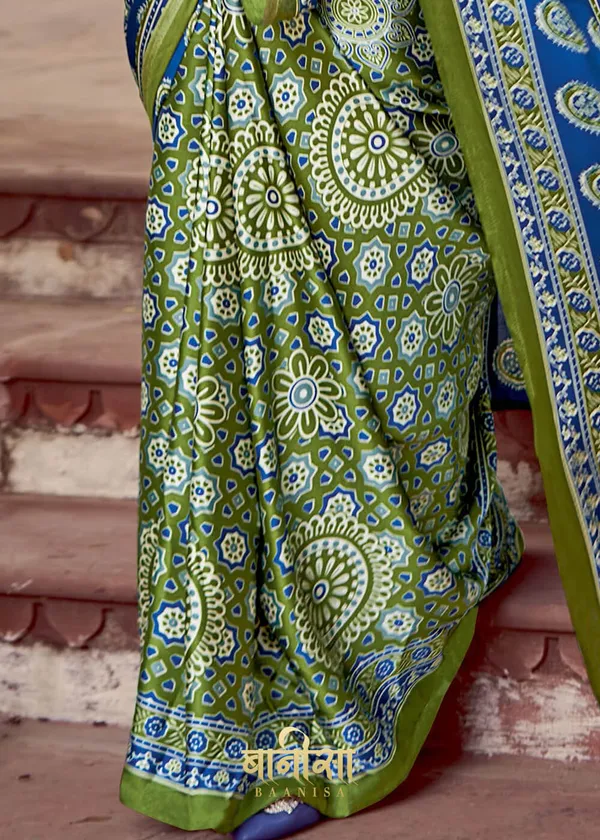 Horizon_Blue_Ajrakh_Printed_Satin_Crepe_Saree_With_Matched_Unsttiched_Blouse
