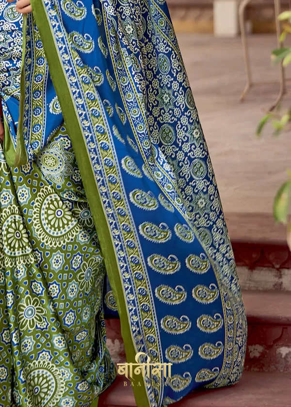 Horizon_Blue_Ajrakh_Printed_Satin_Crepe_Saree_With_Matched_Unsttiched_Blouse