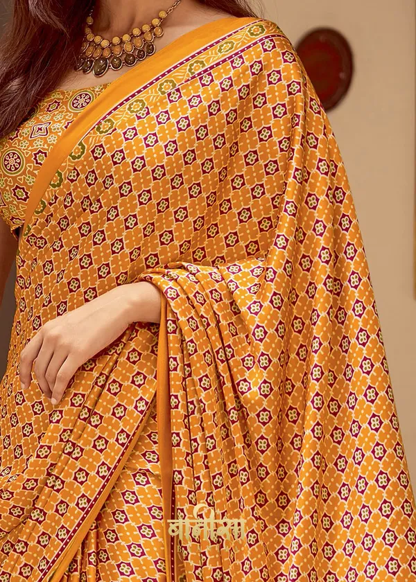 Orangish_Yellow_Ajrakh_Printed_Satin_Crepe_Saree_With_Matched_Unsttiched_Blouse
