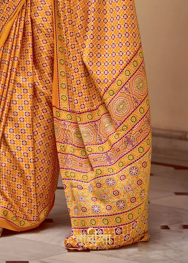 Orangish_Yellow_Ajrakh_Printed_Satin_Crepe_Saree_With_Matched_Unsttiched_Blouse