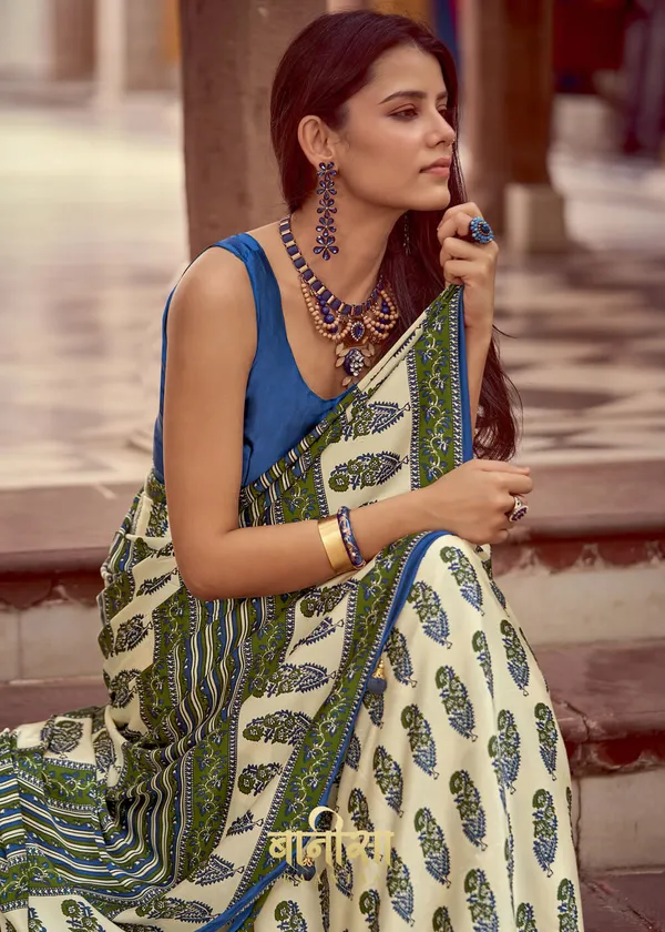 Off_White_And_Sky_Blue_Ajrakh_Printed_Satin_Crepe_Saree_With_Matched_Unsttiched_Blouse