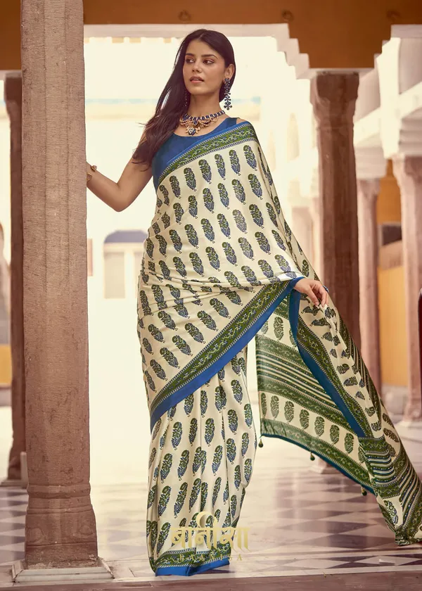 Off_White_And_Sky_Blue_Ajrakh_Printed_Satin_Crepe_Saree_With_Matched_Unsttiched_Blouse