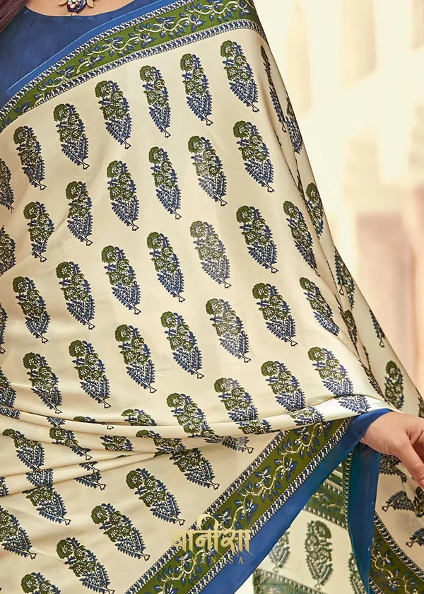 Off_White_And_Sky_Blue_Ajrakh_Printed_Satin_Crepe_Saree_With_Matched_Unsttiched_Blouse