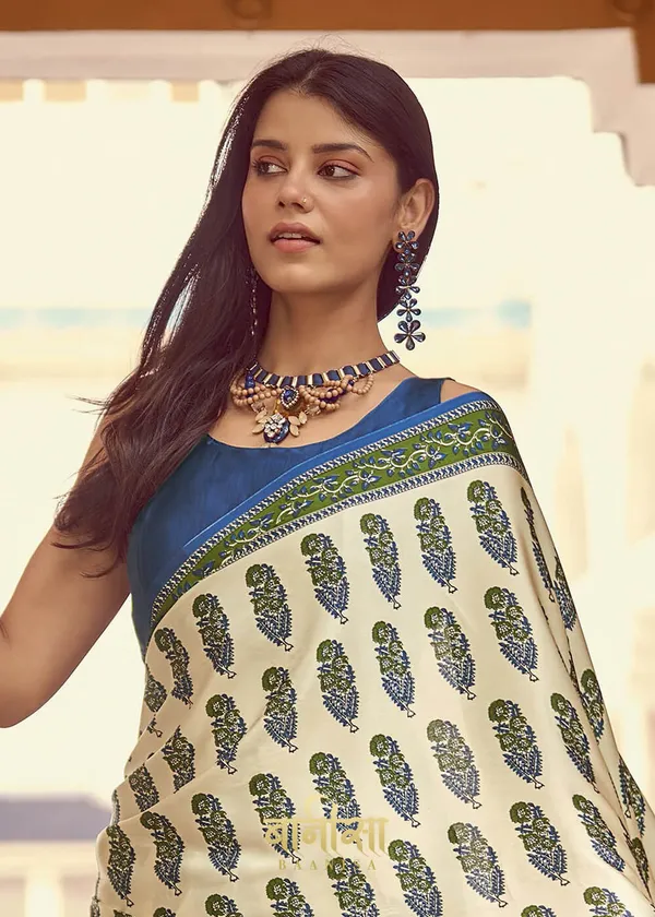 Off_White_And_Sky_Blue_Ajrakh_Printed_Satin_Crepe_Saree_With_Matched_Unsttiched_Blouse