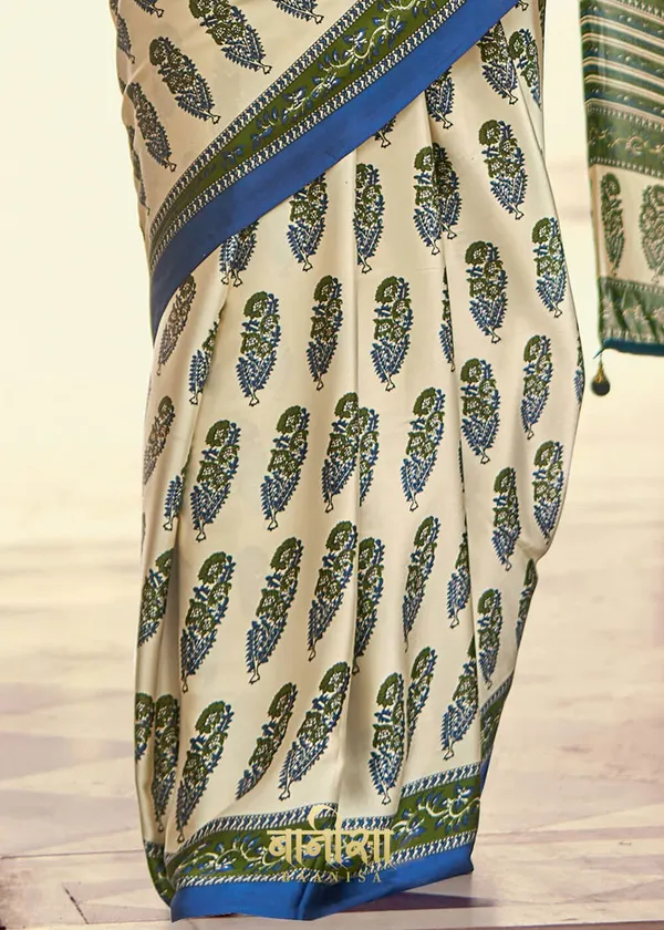 Off_White_And_Sky_Blue_Ajrakh_Printed_Satin_Crepe_Saree_With_Matched_Unsttiched_Blouse