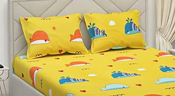Yellow_Whale_Sea_Fish_Kids_Cartoon_Print_BedSheet_Double_Bed_With_2_Pillow_Covers