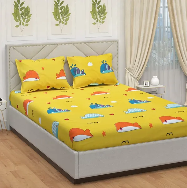 Yellow_Whale_Sea_Fish_Kids_Cartoon_Print_BedSheet_Double_Bed_With_2_Pillow_Covers