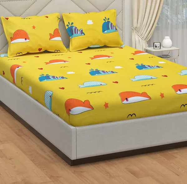 Yellow_Whale_Sea_Fish_Kids_Cartoon_Print_BedSheet_Double_Bed_With_2_Pillow_Covers
