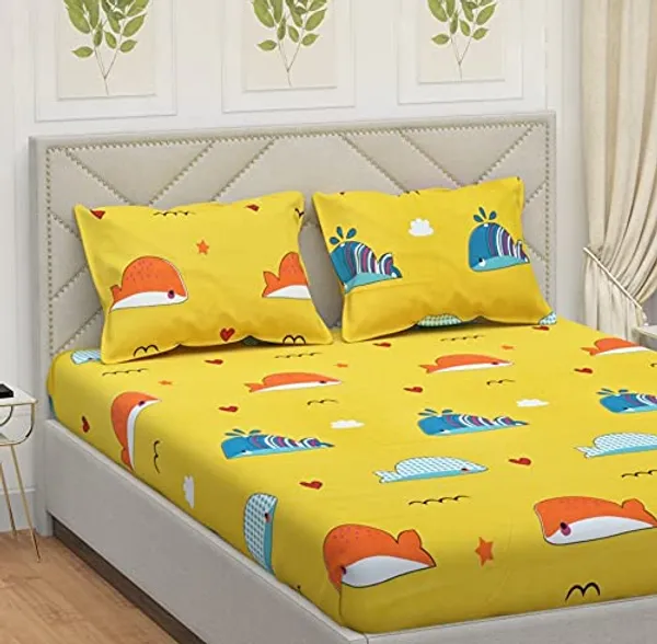 Yellow_Whale_Sea_Fish_Kids_Cartoon_Print_BedSheet_Double_Bed_With_2_Pillow_Covers