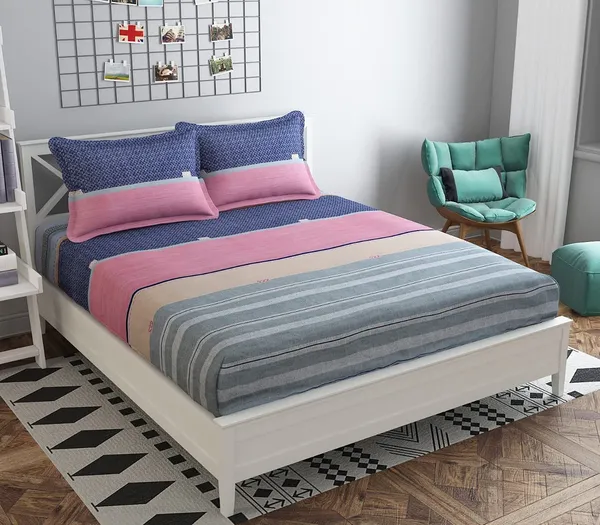 Multi_Stripes_Glace_Cotton_|_Super_King_Size_Bedsheet_|_With_2_Pillow_Covers_|_108X118_Inch|_240_TC