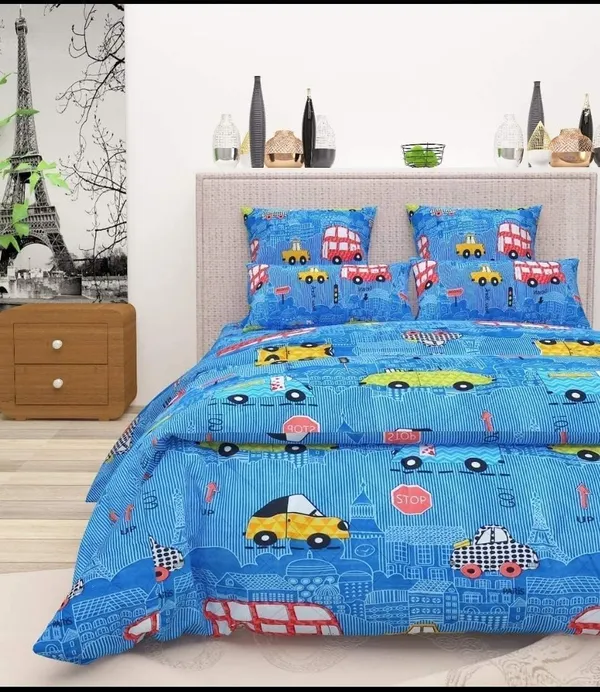 Bus_Car_Crane_Print_Kids_Cartoon_Print_BedSheet_Double_Bed_With_2_Pillow_Covers