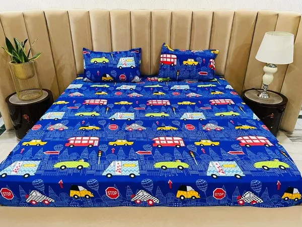 Bus_Car_Crane_Print_Kids_Cartoon_Print_BedSheet_Double_Bed_With_2_Pillow_Covers