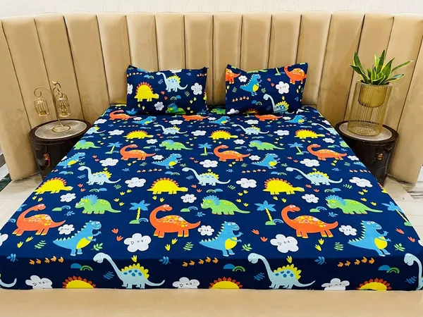 Dinosaur_Blue_Kids_Cartoon_Print_BedSheet_Double_Bed_With_2_Pillow_Covers