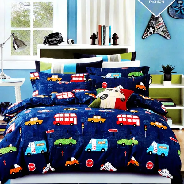 Blue_Bus_Car_Crane_Print_Kids_Cartoon_Print_BedSheet_Double_Bed_With_2_Pillow_Covers