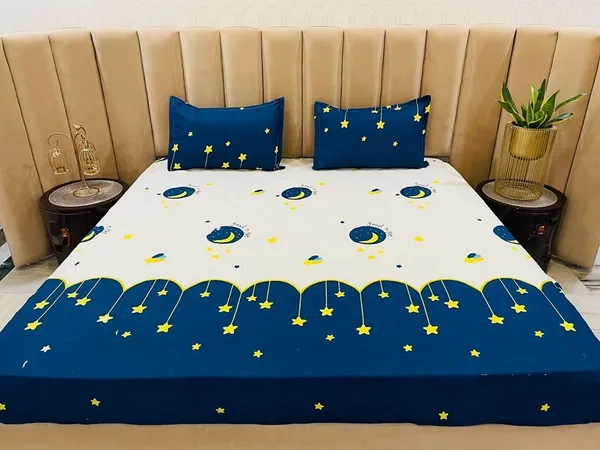 White_Moon_Stars_Kids_Cartoon_Print_BedSheet_Double_Bed_With_2_Pillow_Covers