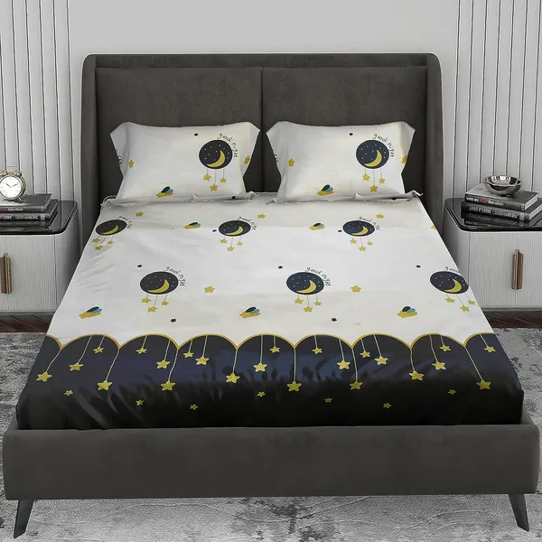 White_Moon_Stars_Kids_Cartoon_Print_BedSheet_Double_Bed_With_2_Pillow_Covers