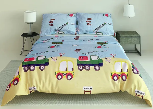 Yellow_Car_Crane_Print_Kids_Cartoon_BedSheet_Double_Bed_With_2_Pillow_Covers