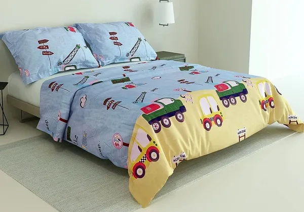 Yellow_Car_Crane_Print_Kids_Cartoon_BedSheet_Double_Bed_With_2_Pillow_Covers
