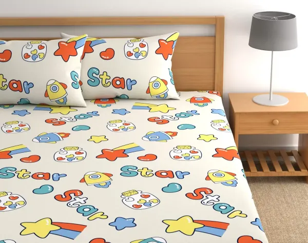 Stars_Spaceship_Kids_Cartoon_Print_BedSheet_Double_Bed_With_2_Pillow_Covers