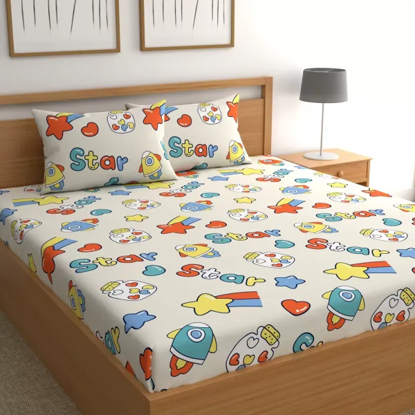 Stars_Spaceship_Kids_Cartoon_Print_BedSheet_Double_Bed_With_2_Pillow_Covers