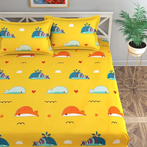 Yellow_Whale_Fish_Kids_Cartoon_Print_BedSheet_Double_Bed_With_2_Pillow_Covers