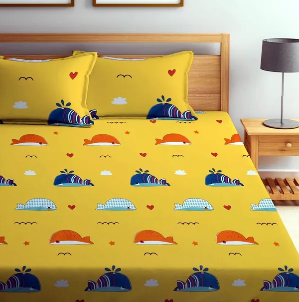 Yellow_Whale_Fish_Kids_Cartoon_Print_BedSheet_Double_Bed_With_2_Pillow_Covers