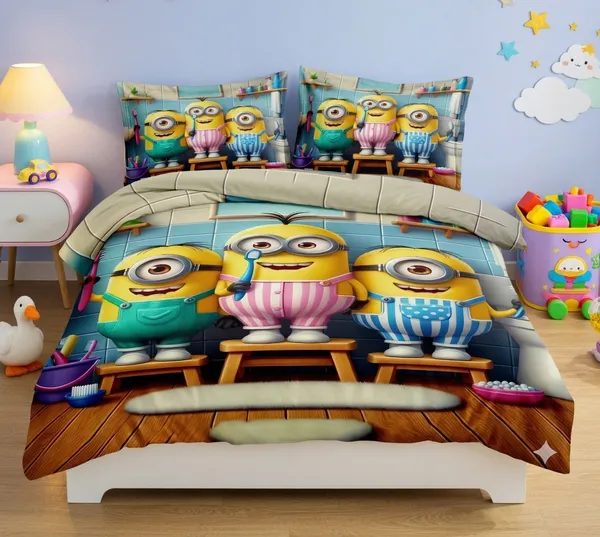 Kids_Cartoon_Minion_Print_Bedsheet_Double_Bed_with_2_Pillow_Covers
