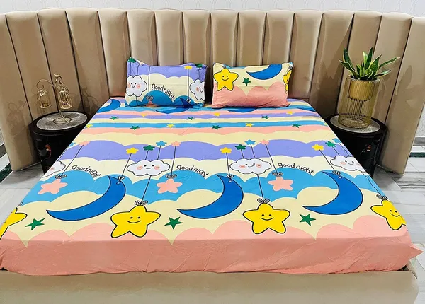 Moon_Star_Yellow_Kids_Cartoon_Print_BedSheet_Double_Bed_With_2_Pillow_Covers