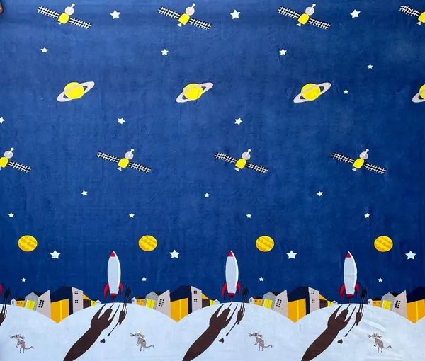 Night_Space_Rocket_Science_Theme_Kids_Cartoon_Print_BedSheet_Double_Bed_With_2_Pillow_Covers