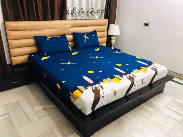 Night_Space_Rocket_Science_Theme_Kids_Cartoon_Print_BedSheet_Double_Bed_With_2_Pillow_Covers