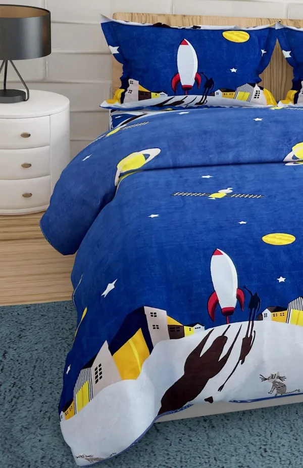 Night_Space_Rocket_Science_Theme_Kids_Cartoon_Print_BedSheet_Double_Bed_With_2_Pillow_Covers