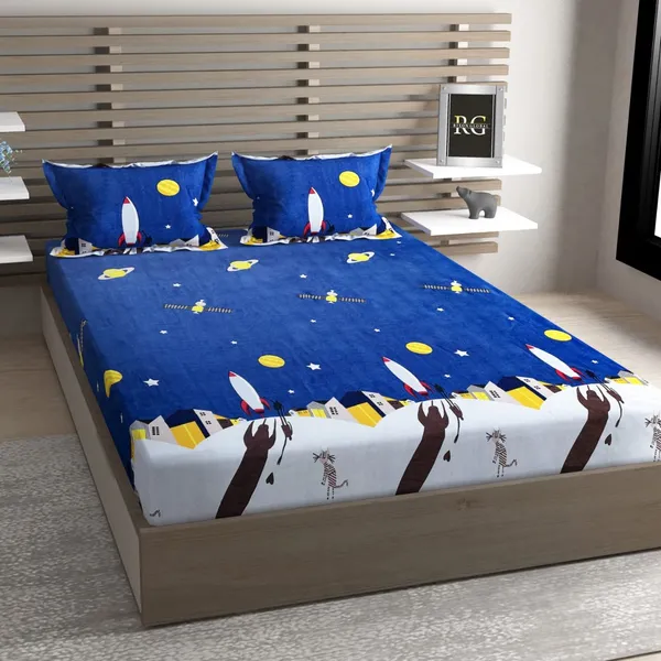 Night_Space_Rocket_Science_Theme_Kids_Cartoon_Print_BedSheet_Double_Bed_With_2_Pillow_Covers