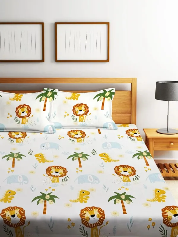 Dinosaur_Crockodile_Animal_Kids_Cartoon_Print_BedSheet_Double_Bed_With_2_Pillow_Covers