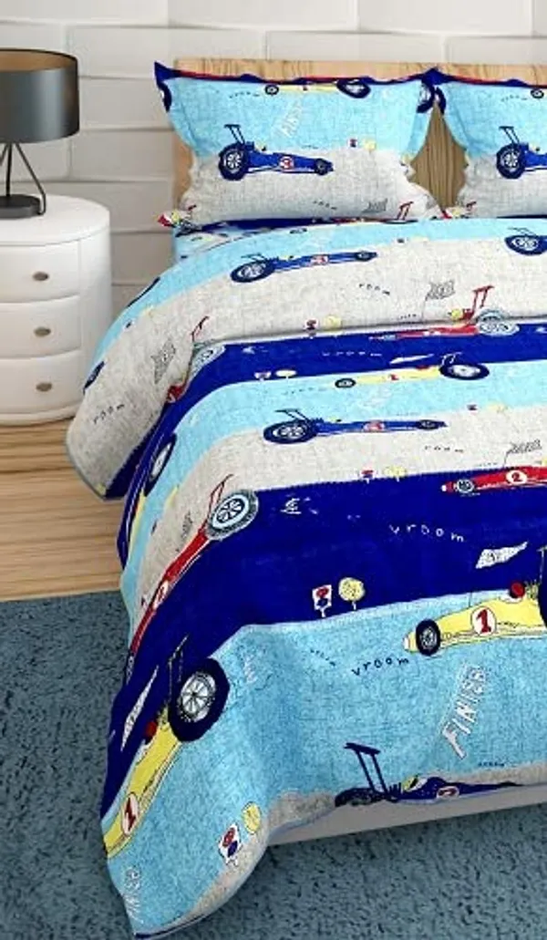 F1_Car_Racing_Kids_Cartoon_Print_BedSheet_Double_Bed_With_2_Pillow_Covers