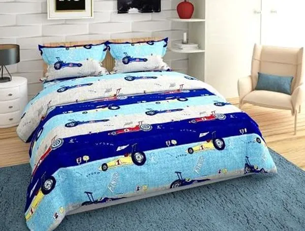 F1_Car_Racing_Kids_Cartoon_Print_BedSheet_Double_Bed_With_2_Pillow_Covers