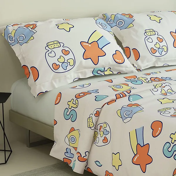 White_Stars_Spaceship_Kids_Cartoon_Print_BedSheet_Double_Bed_With_2_Pillow_Covers
