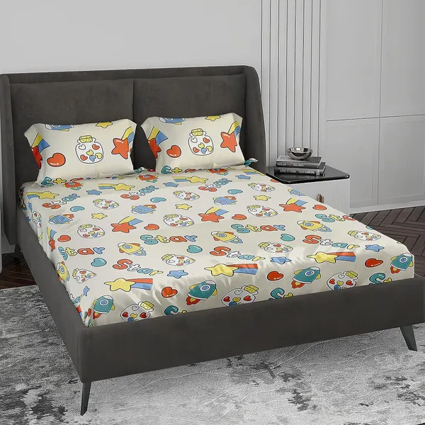 White_Stars_Spaceship_Kids_Cartoon_Print_BedSheet_Double_Bed_With_2_Pillow_Covers