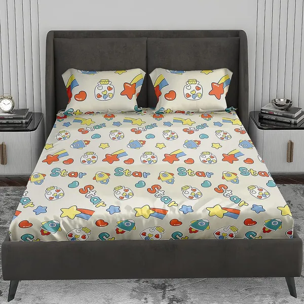 White_Stars_Spaceship_Kids_Cartoon_Print_BedSheet_Double_Bed_With_2_Pillow_Covers