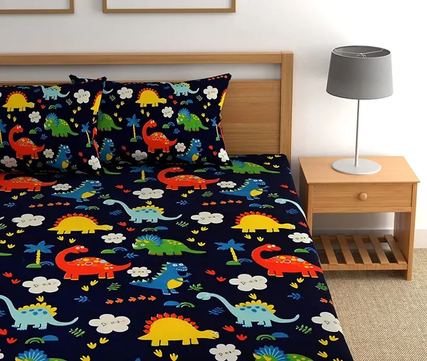 Dinosaur_Blue_Kids_Cartoon_Print_BedSheet_Double_Bed_With_2_Pillow_Covers