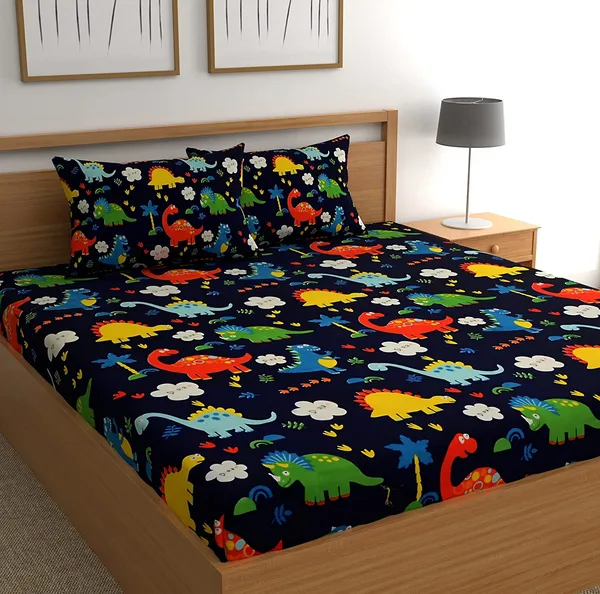 Dinosaur_Blue_Kids_Cartoon_Print_BedSheet_Double_Bed_With_2_Pillow_Covers